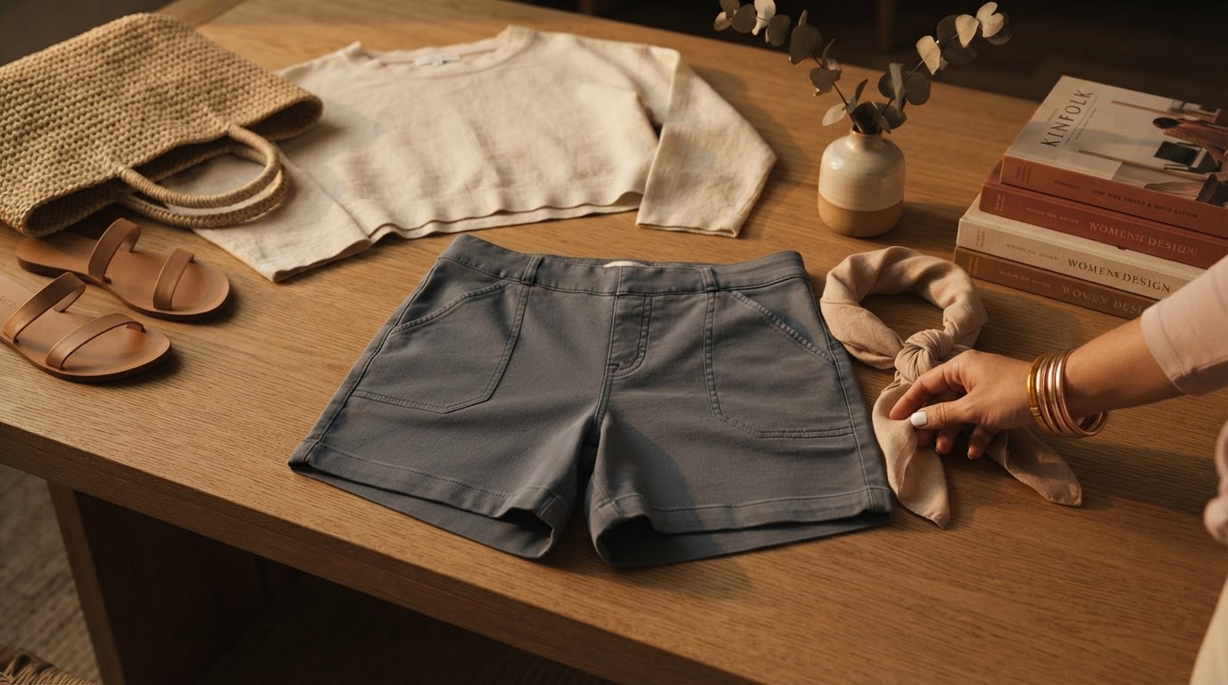 How to style high waisted Women's Comfy Stretch Twill Shorts?
