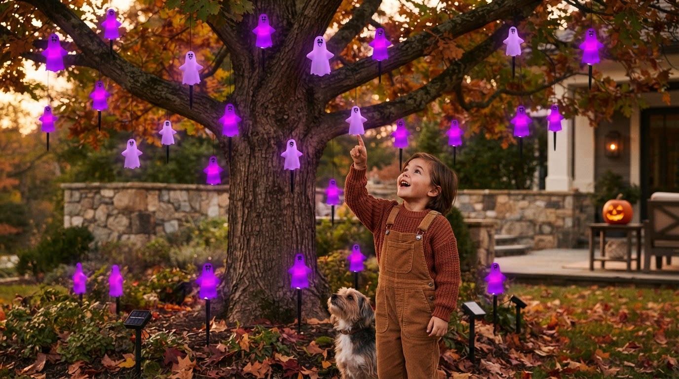 Solar Spooky Light Setup for Outdoor Halloween Trees