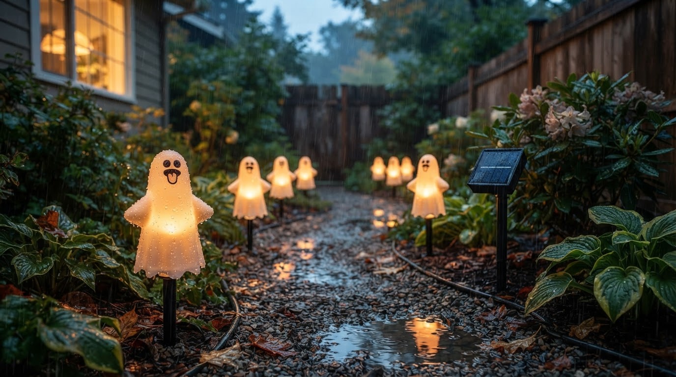 How do Solar Spooky Light eyeball stakes handle rain?