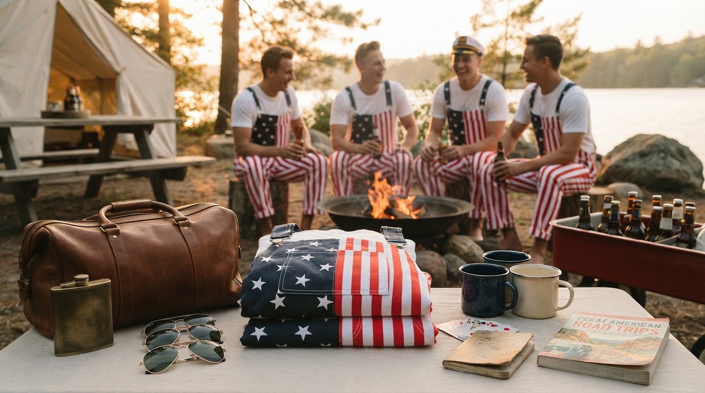 American Flag Overalls for Cohesive Bachelor Party Outfits