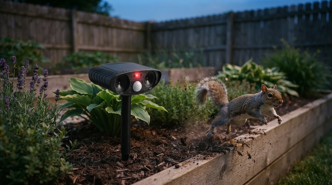 How do I keep squirrels out of a garden with Solar Animal Repellent?