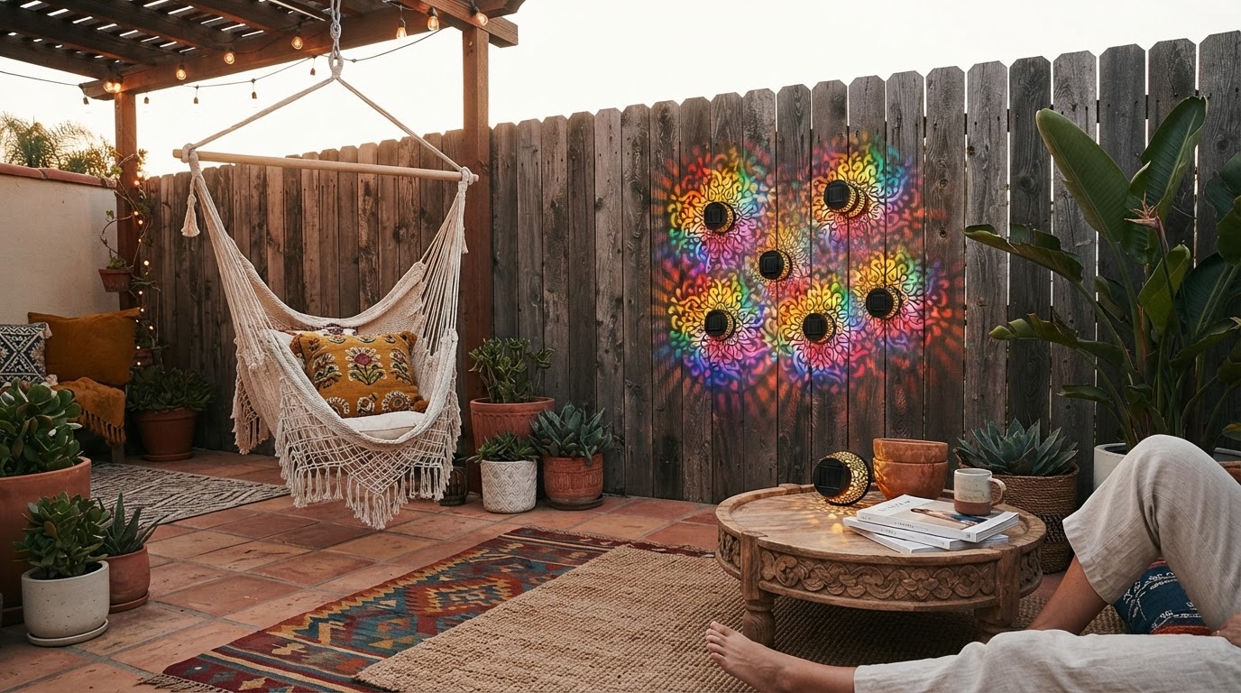 How do Solar Mandala Lights fit a boho patio aesthetic?