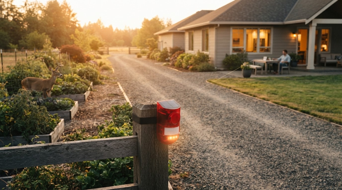How does a Solar Motion Alarm protect a long driveway?