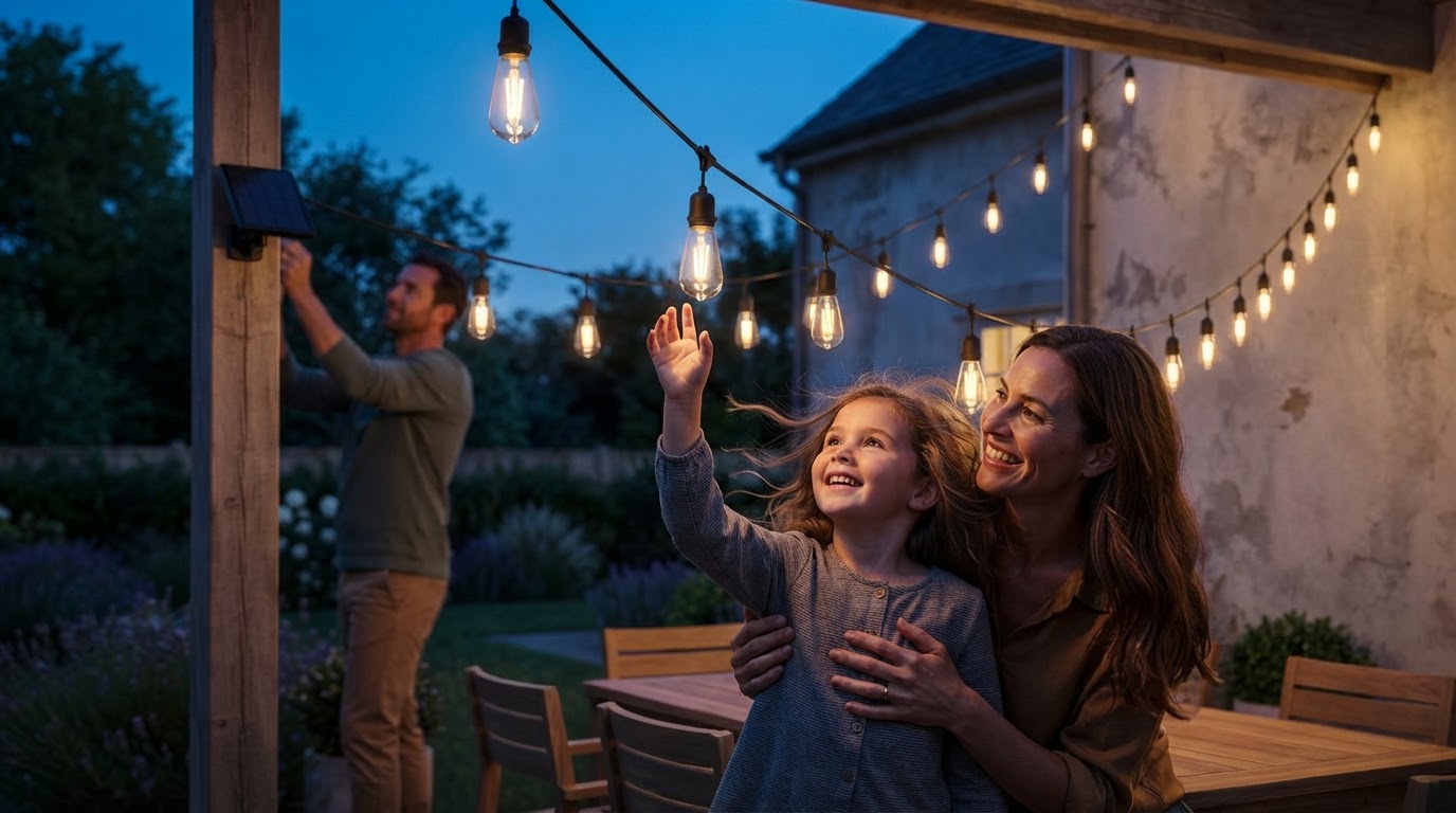 How do I hang Outdoor Solar String Lights on a patio?