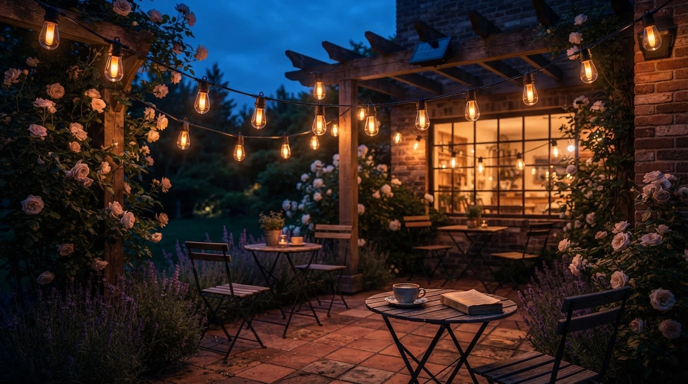 How long do Outdoor Solar String Lights stay lit for cafes?