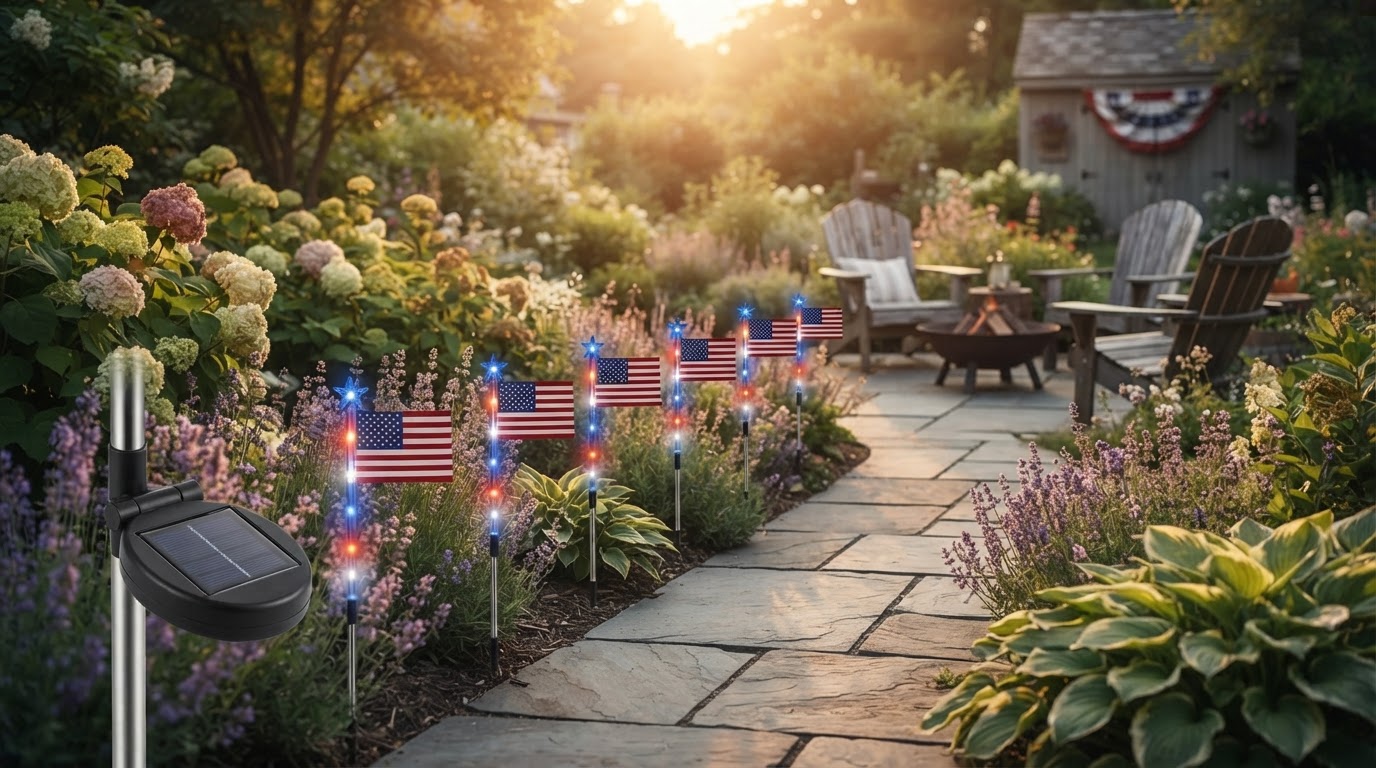 How do American Flag Solarlights work in garden decor?