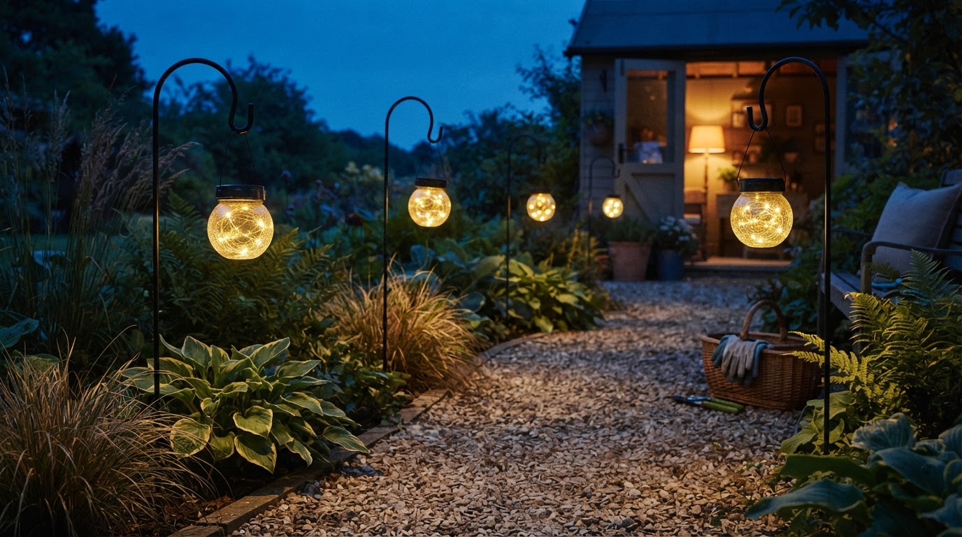 Solar Hanging Lantern Placement with Shepherd Hooks