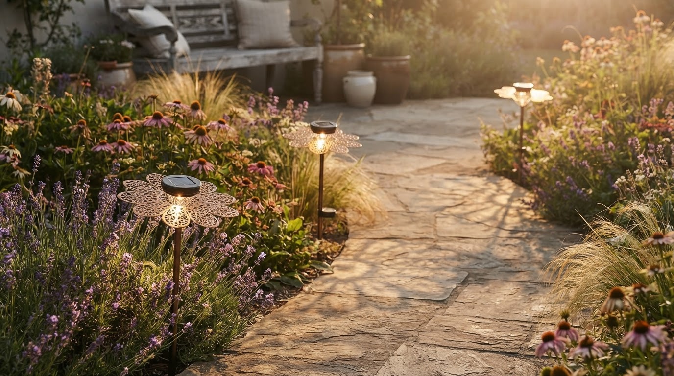How do Bloom Path Lights decorative floral stakes work?