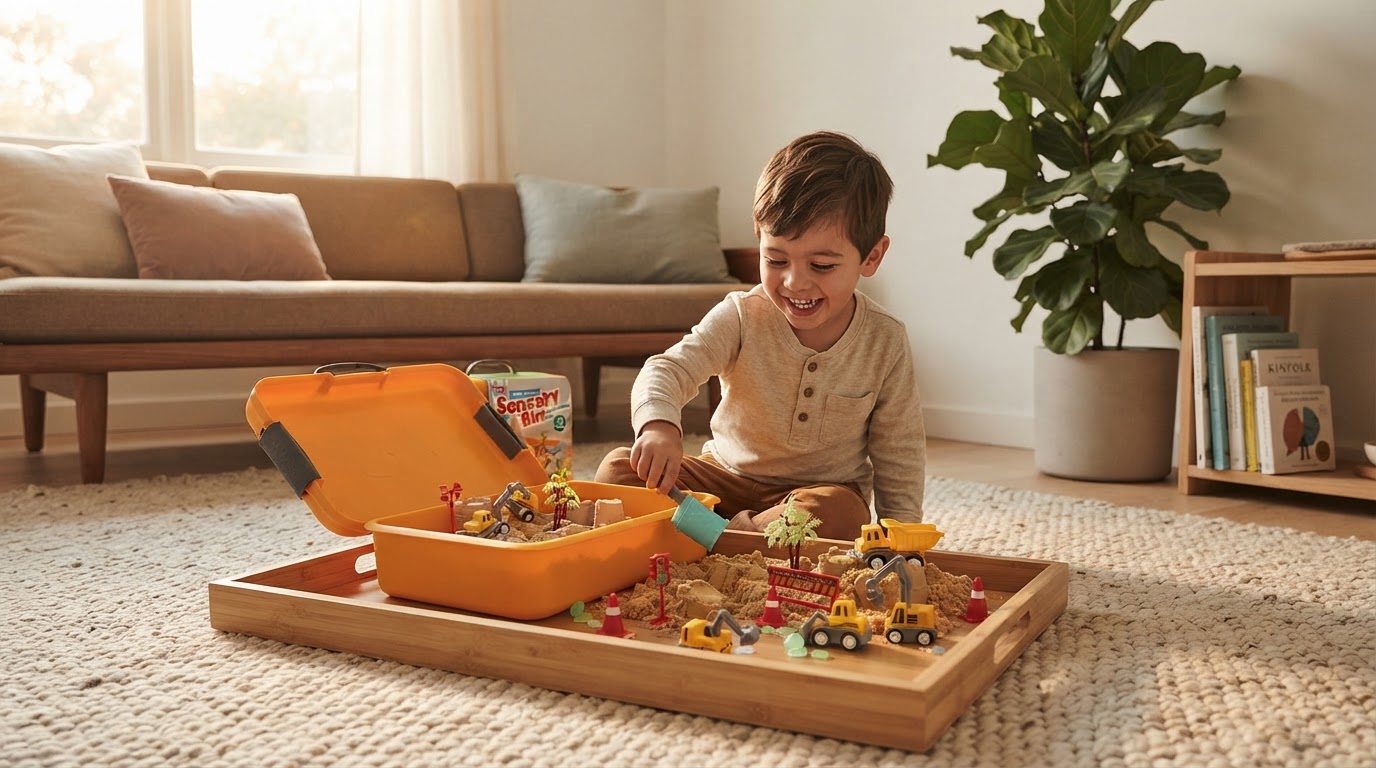 A 4-Step Mess Free Construction Sensory Bin Setup