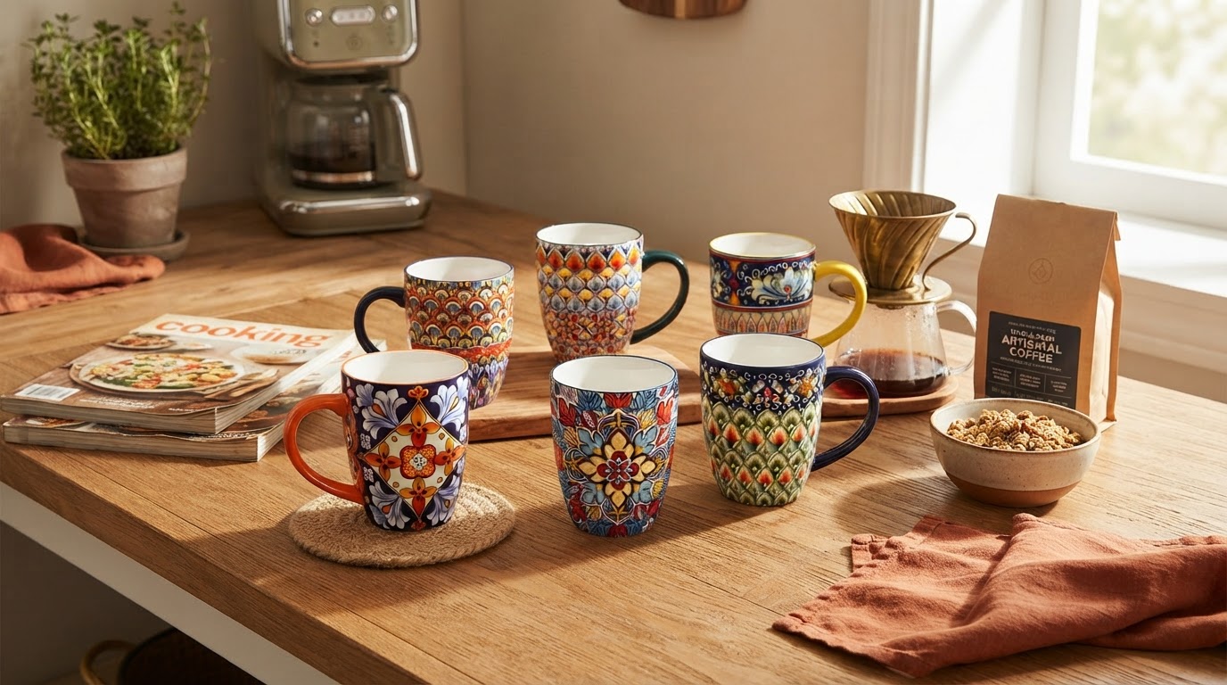 Pack Of 6 Bohemian Style Porcelain Coffee Mugs for Mismatched Styling