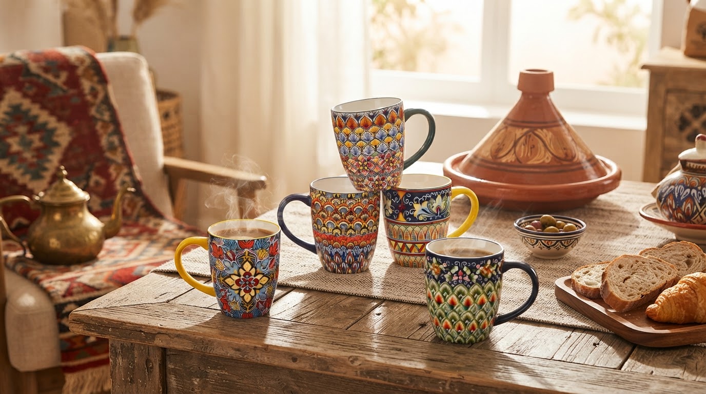What defines Moroccan style in Pack Of 6 Bohemian Style Porcelain Coffee Mugs?
