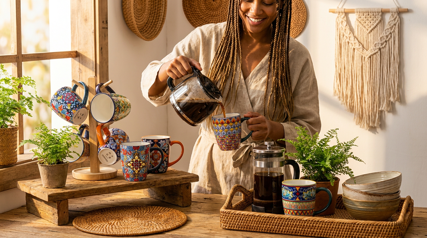 How to style a boho coffee station with porcelain mugs?