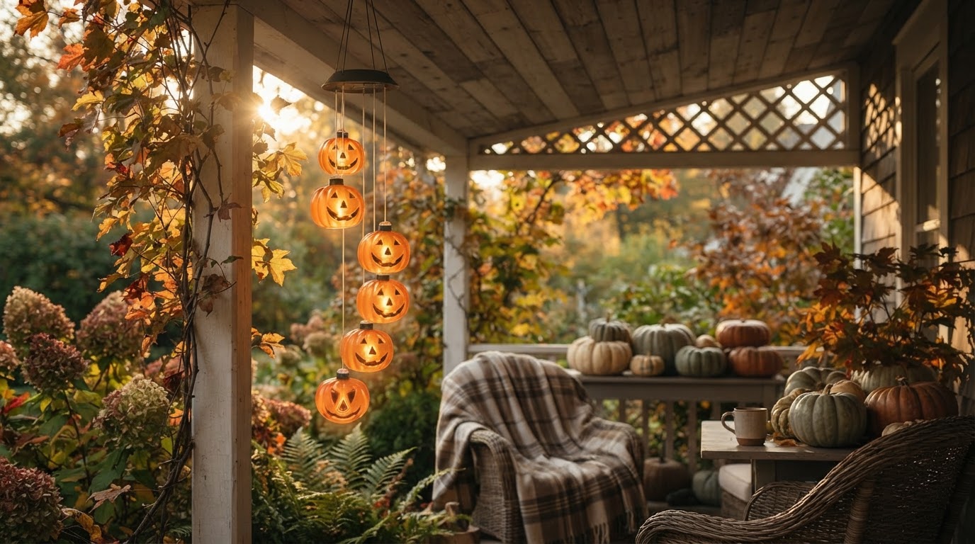 How do outdoor hanging pumpkin lights use solar power?
