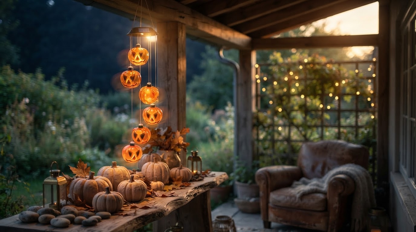 How does the Solar Pumpkin Chime light up at night?