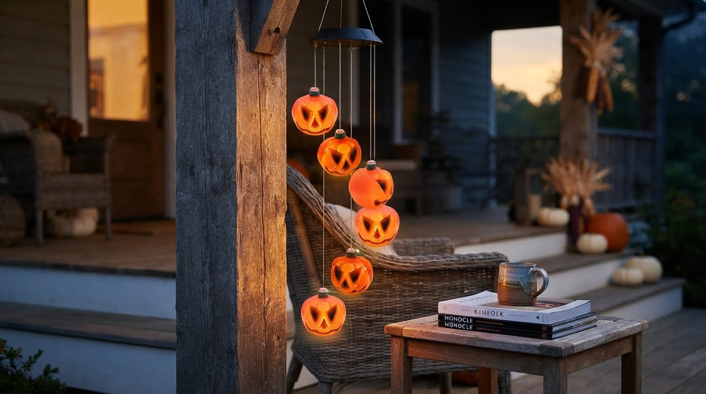 How does the Solar Pumpkin Chime light up a porch?
