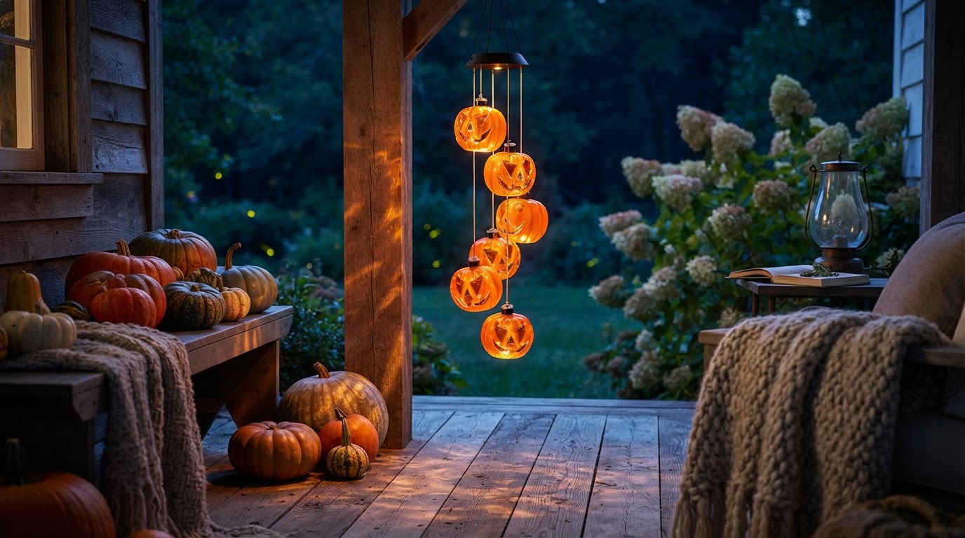 How do Solar Pumpkin Chime units handle porch lighting?