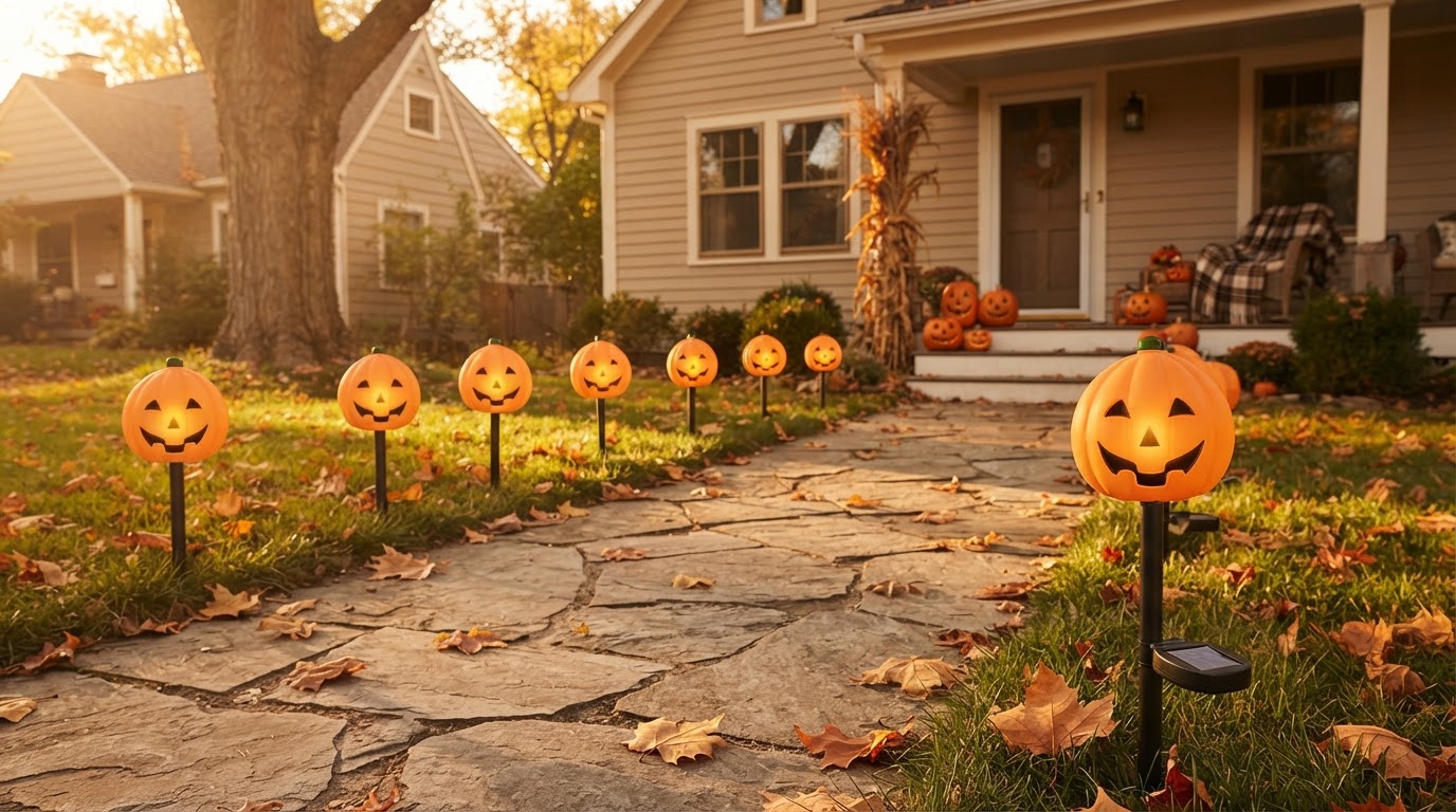 Selecting Orange Pumpkin Yard Stakes with solar Pumpkin Stake