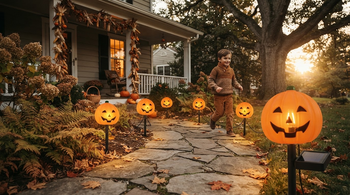 How do solar powered halloween walkway lights function?