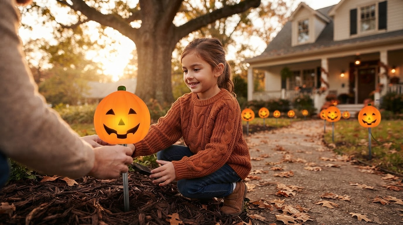 Solar Pumpkin Stake Setup for Halloween Garden Lighting
