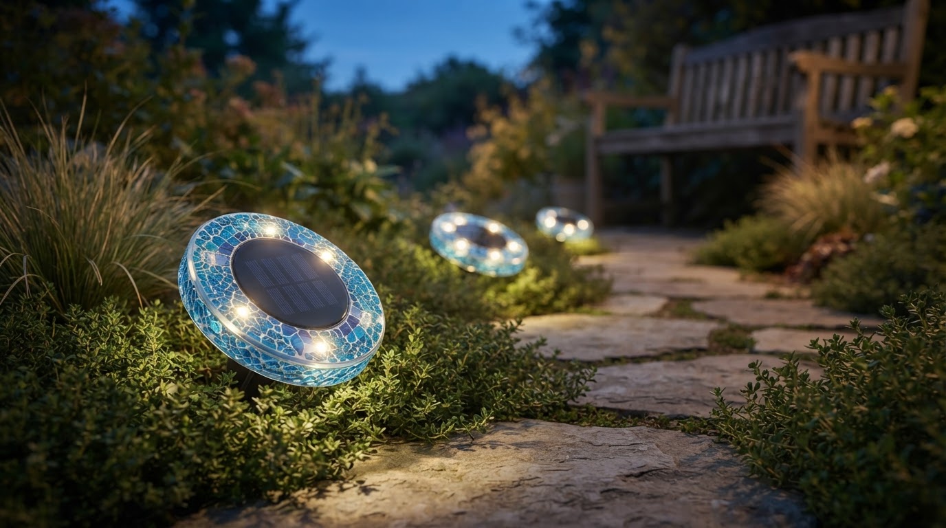 How do Solar Mosaic Disk Lights work in garden paths?