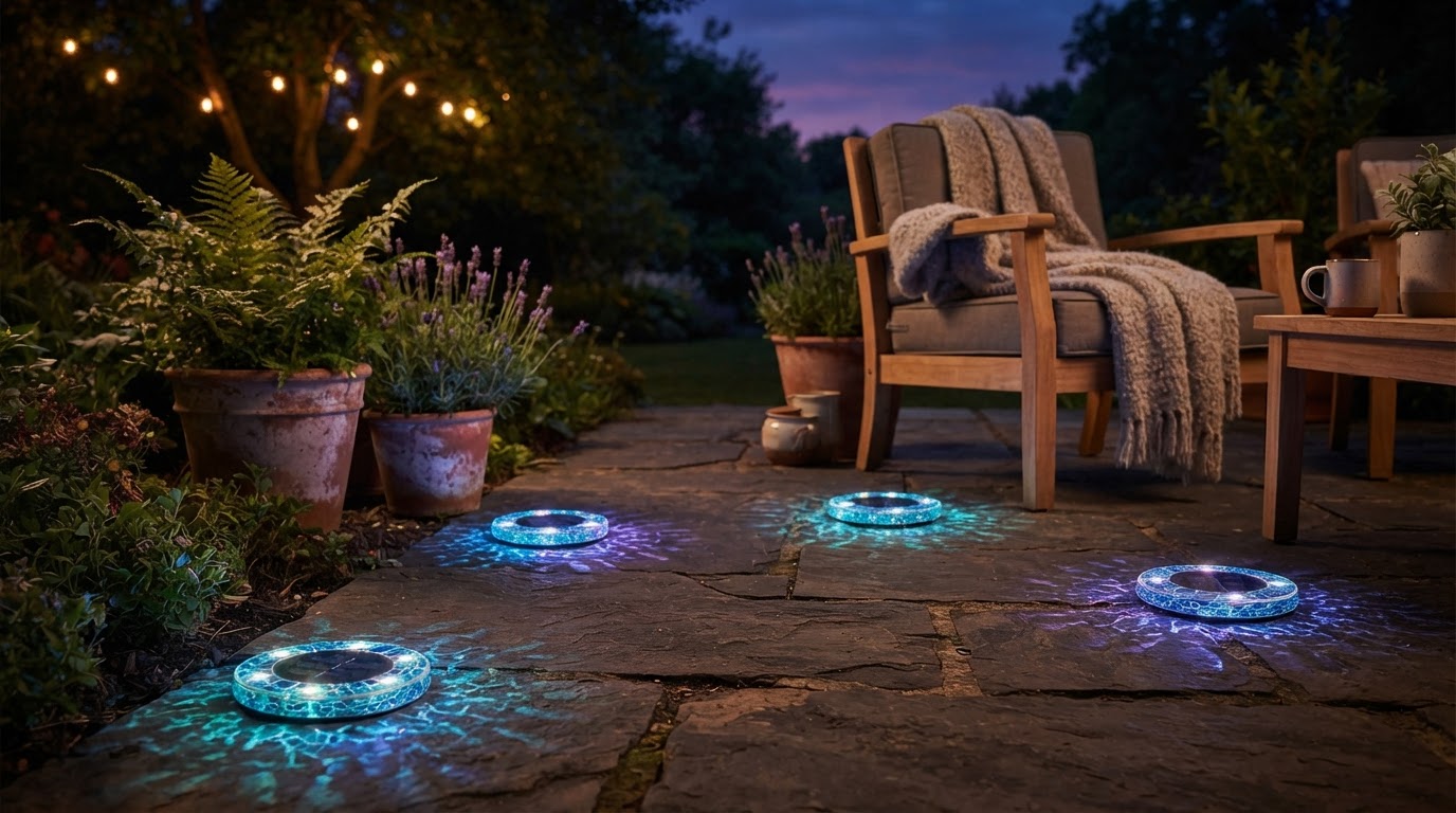 How do Solar Mosaic Disk Lights enhance patio decor?