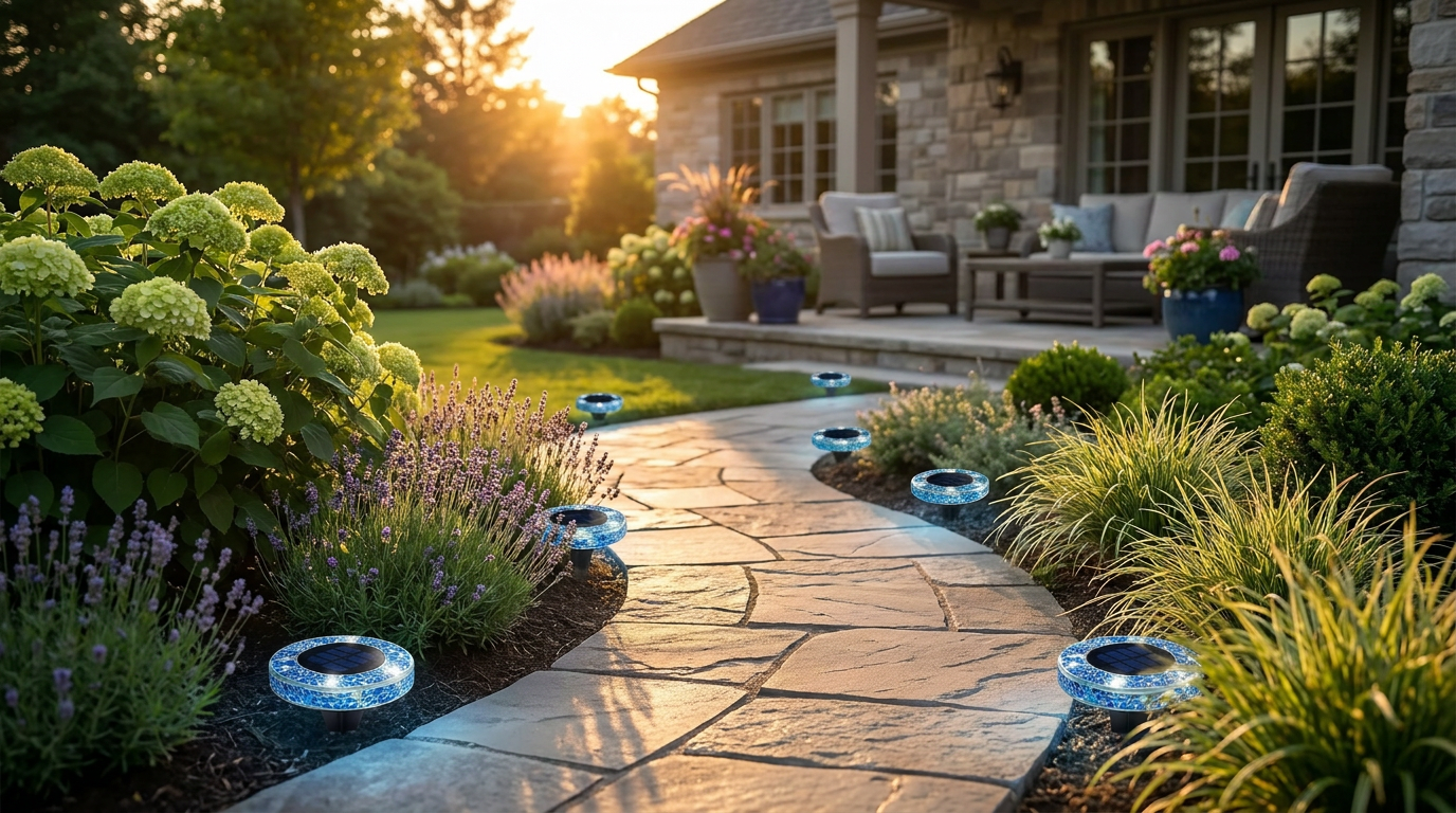 Pathway Lighting Impacts Curb Appeal with Mosaic Disk Lights