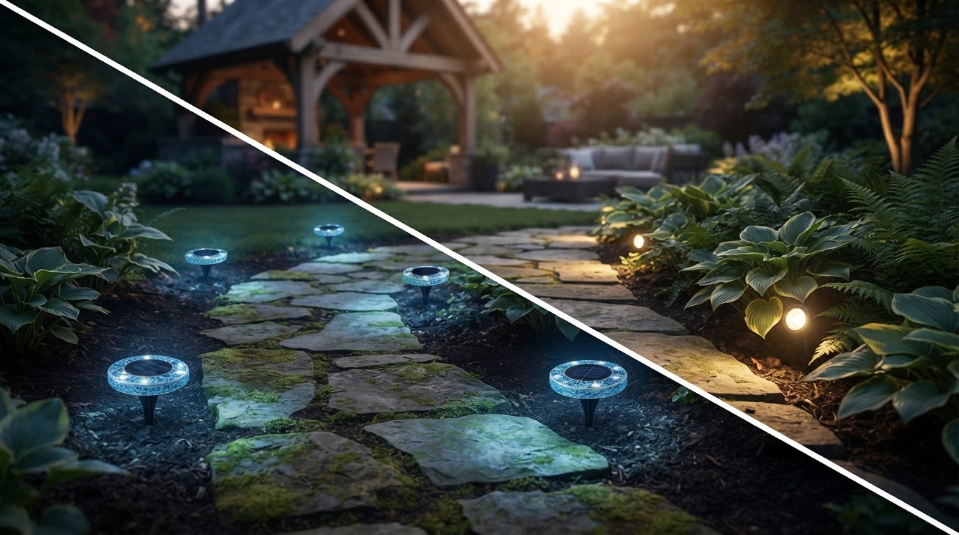 Solar Ground Disk Lights vs. Hardwired Low-Voltage Lighting