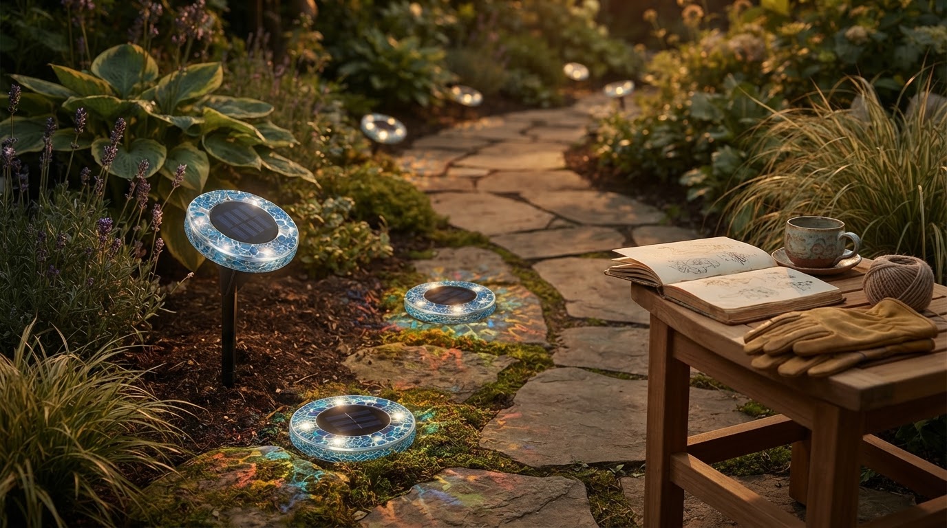 Stained Glass Solar Disk Lights for Nighttime Ambience