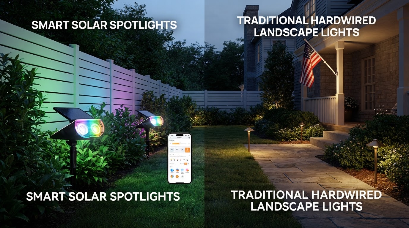 Smart Solar Spotlights vs Traditional Hardwired Landscape Lights