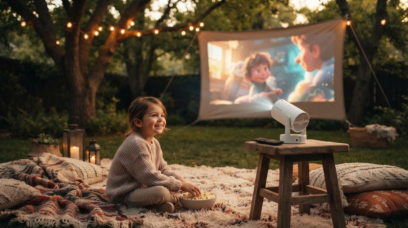 Outdoor Movie Night Setup with Magic Cubic Projector