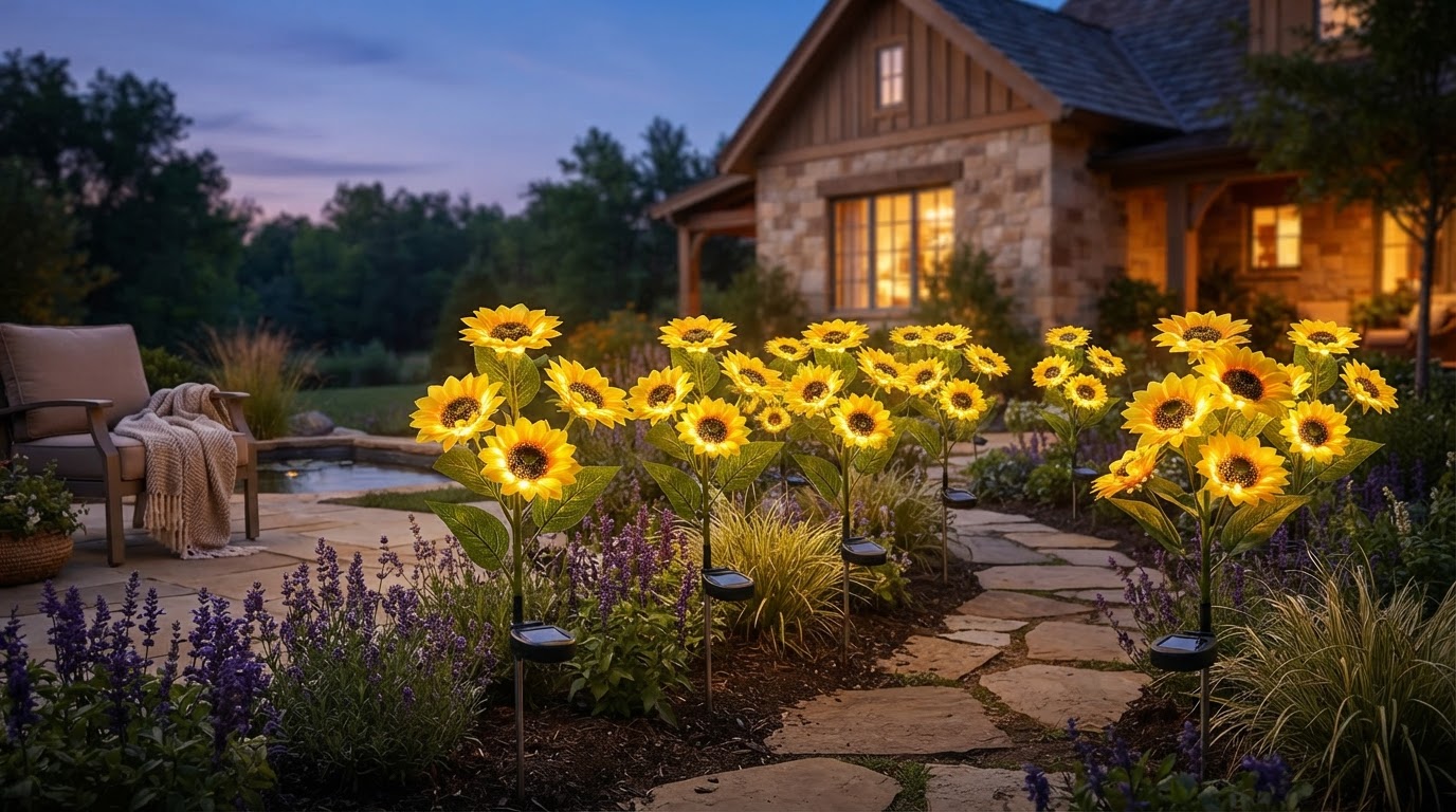 How do LED solar flower stakes from Sunflower Solar Lights work?