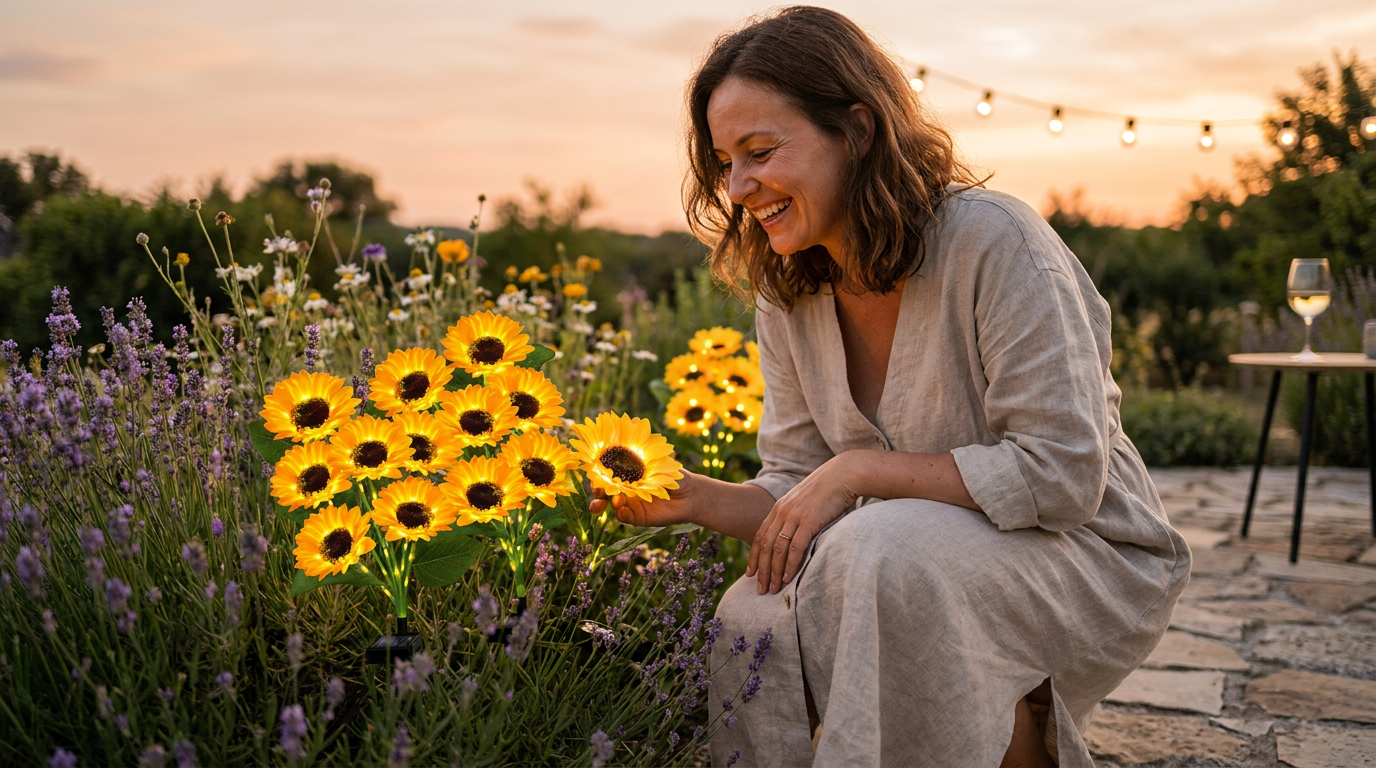 How do Sunflower Solar Lights enhance garden decor?
