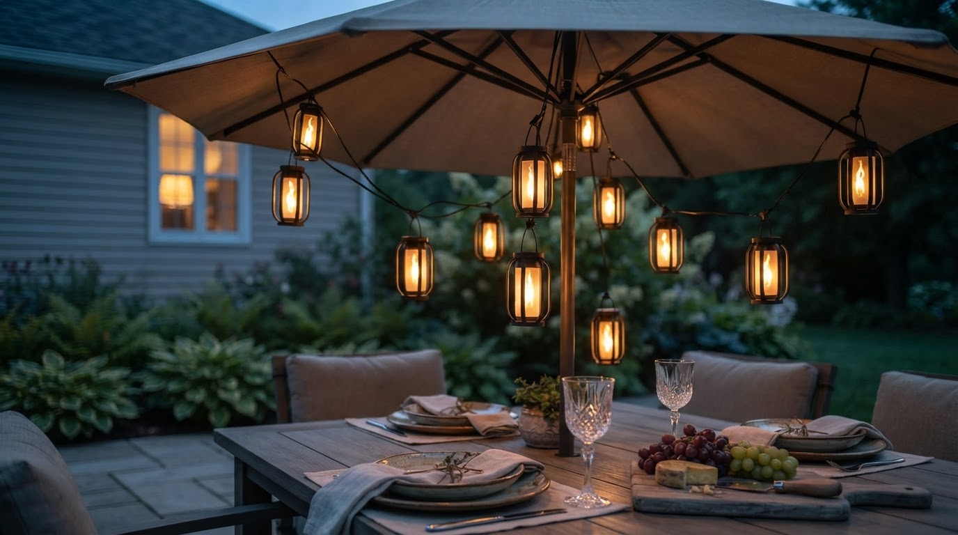 SolarFlame String Lights for Patio Umbrella Integration