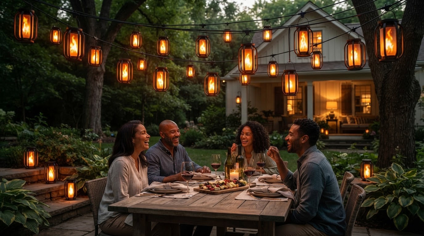 How do SolarFlame String Lights improve evening entertaining?
