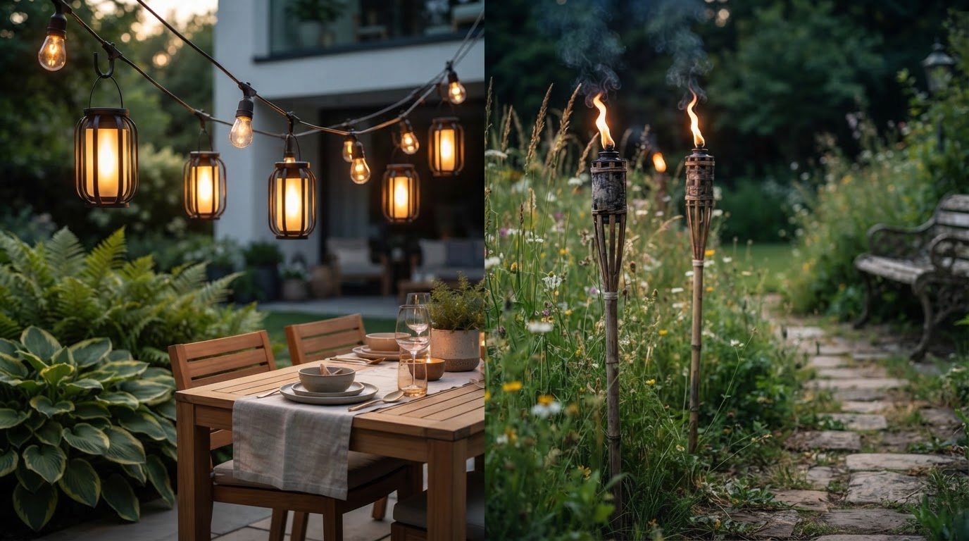 SolarFlame String Lights vs Traditional Bamboo Torches