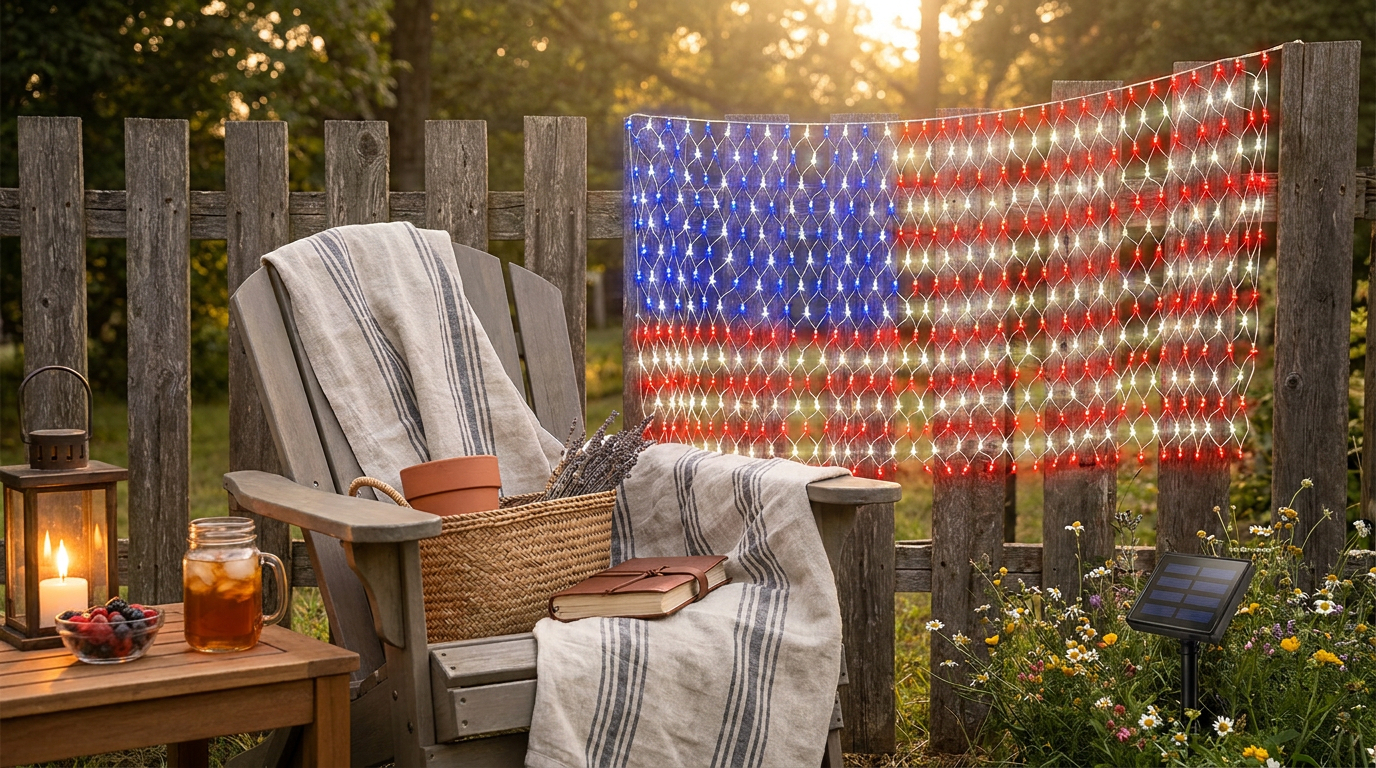 American Flag Net Lights for Perimeter Fence Displays