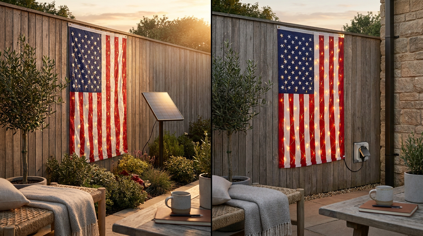 American Flag Net Lights Solar vs Grid Power Analysis