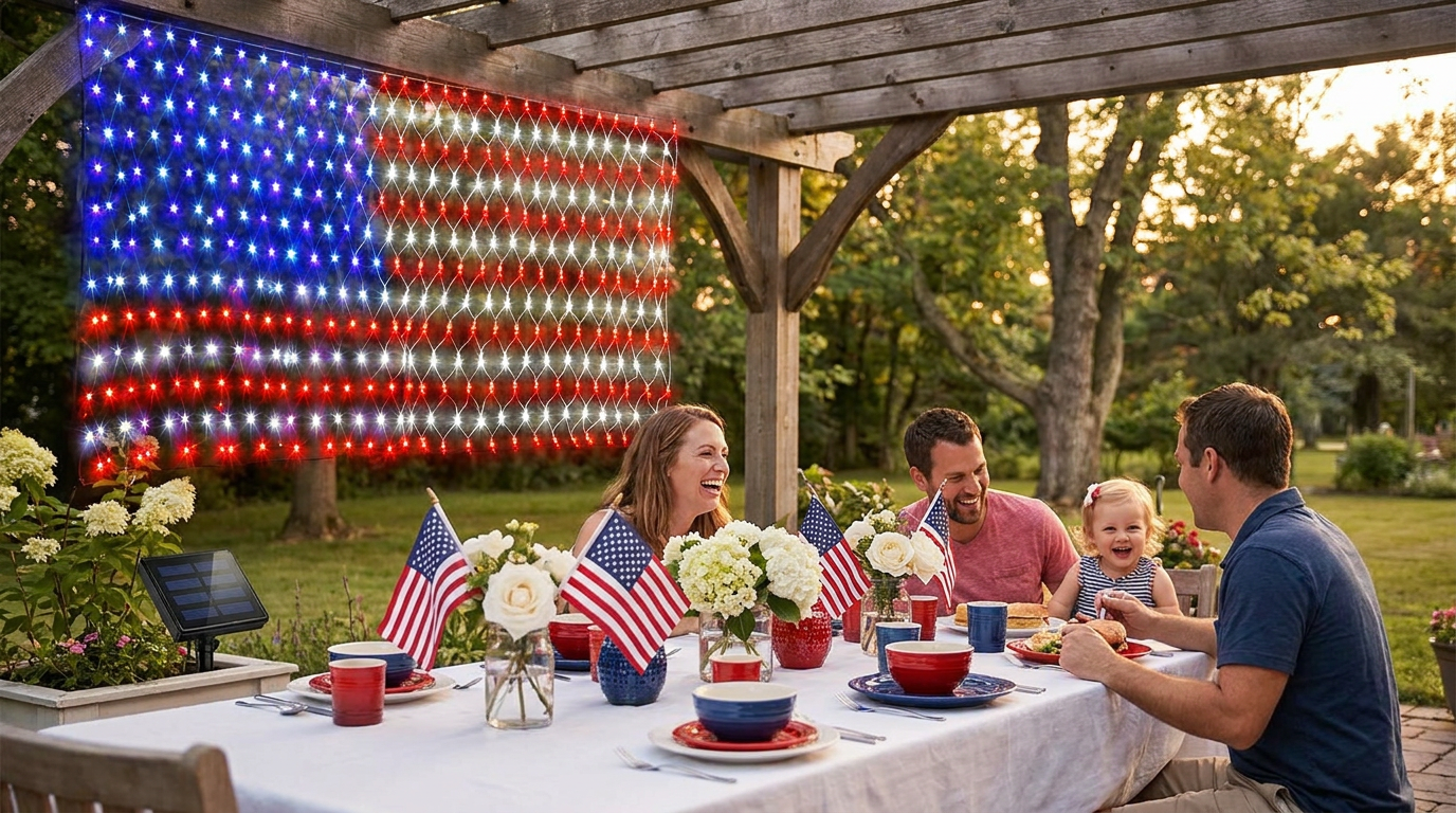 Creative Memorial Day Decor with American Flag Net Lights