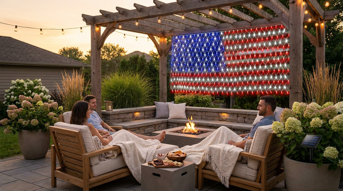 Year-Round Patriotic Decor with American Flag Net Lights