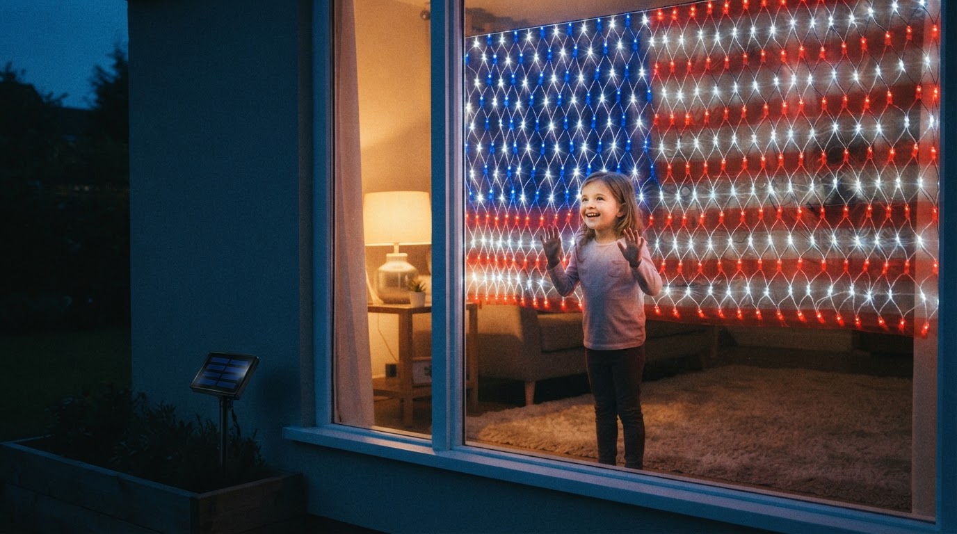 American Flag Net Lights Window Installation Guide