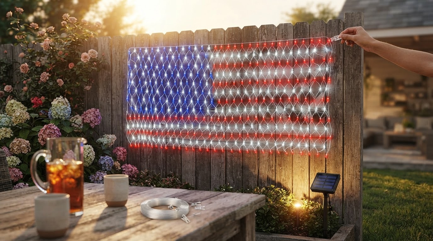 How do I install American Flag Net Lights on a fence?