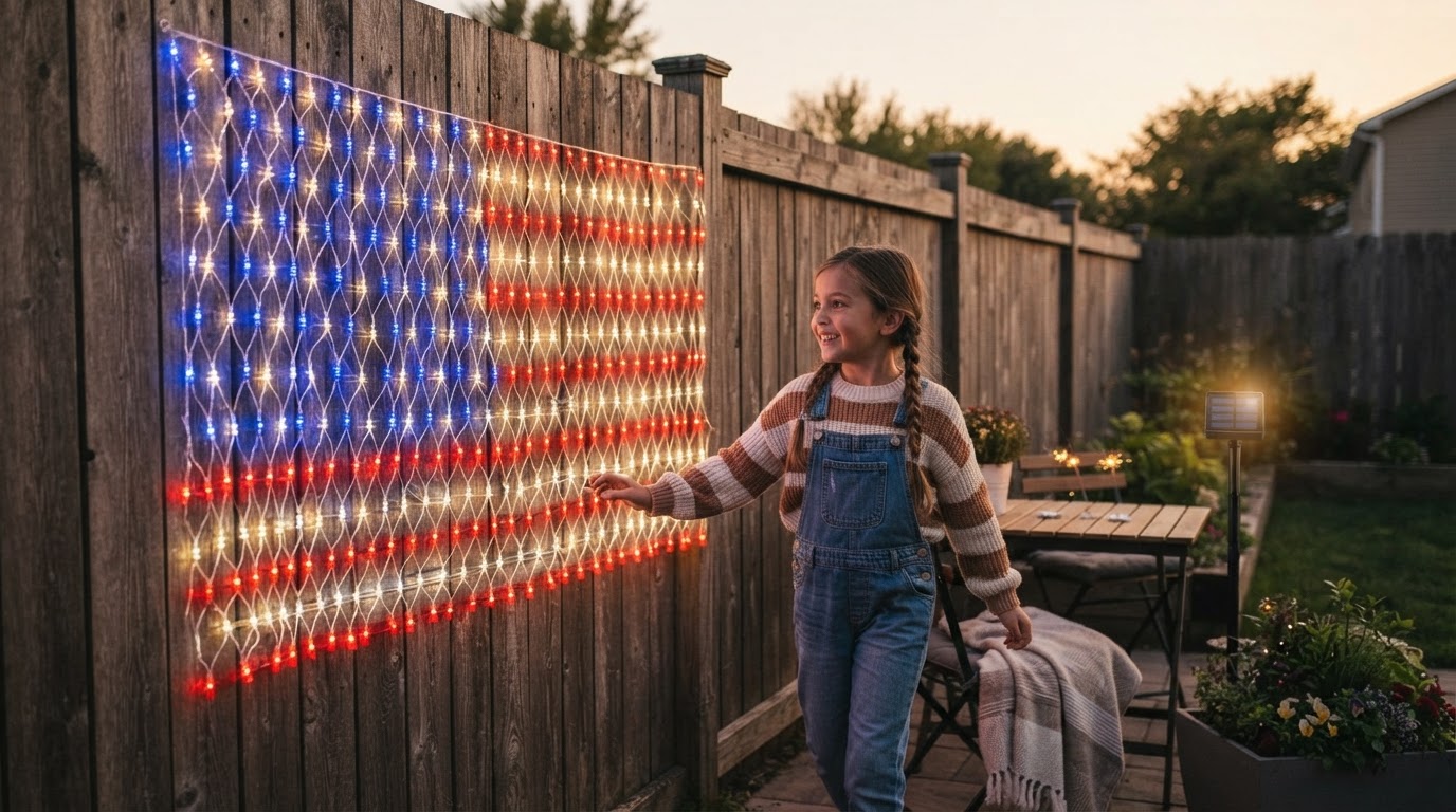 How do I install American Flag Net Lights on a fence?
