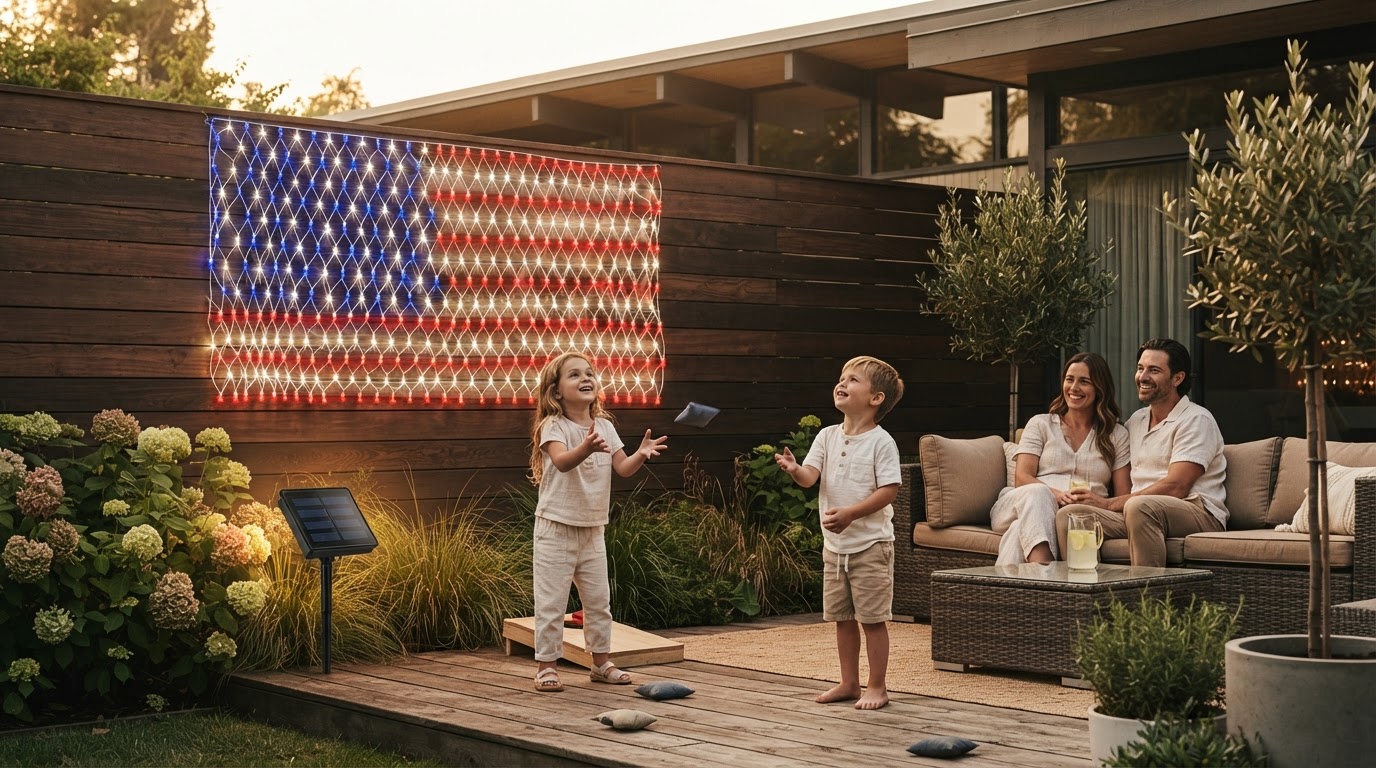 How do I install solar American Flag Net Lights?