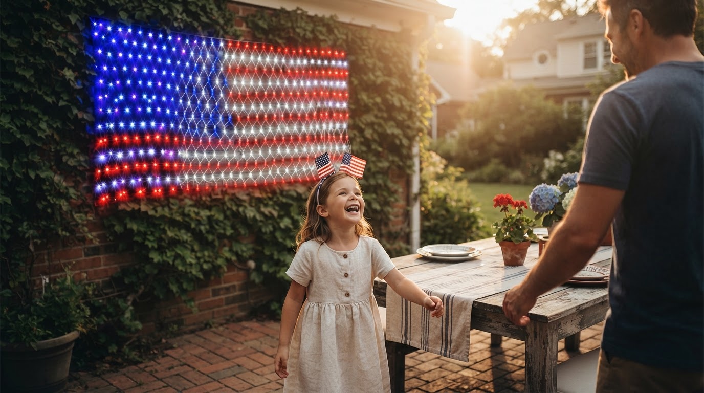Memorial Day Outdoor Decorations with American Flag Net Lights