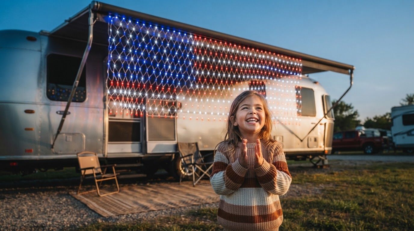 How do I mount American Flag Net Lights to an RV awning?