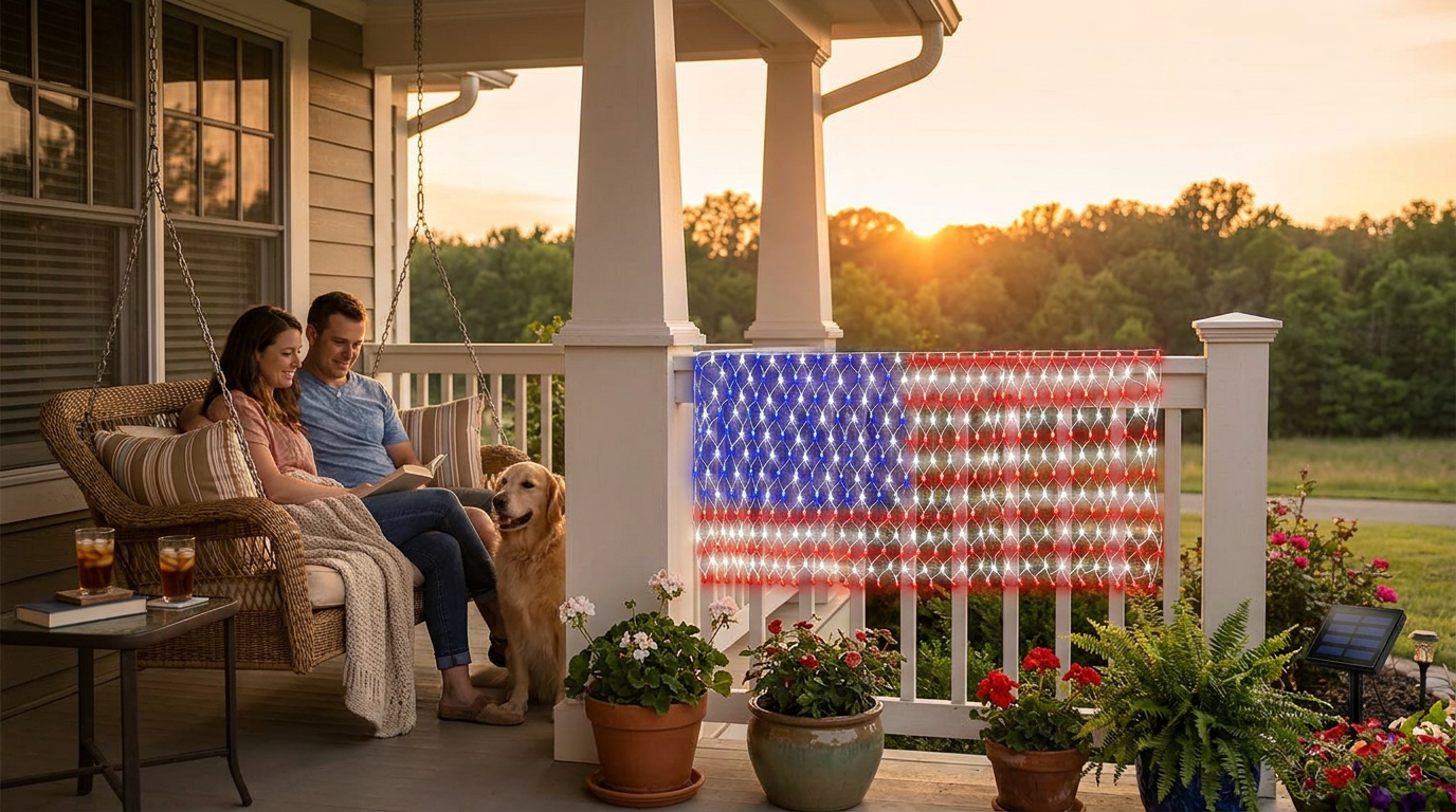 Hanging American Flag Net Lights for Porch Displays