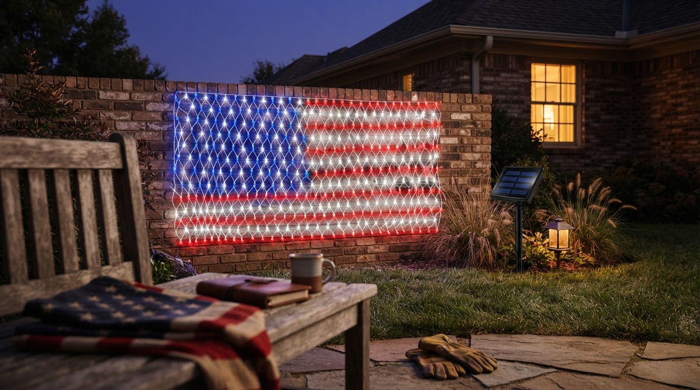 American Flag Net Lights for Veterans Day Yard Displays