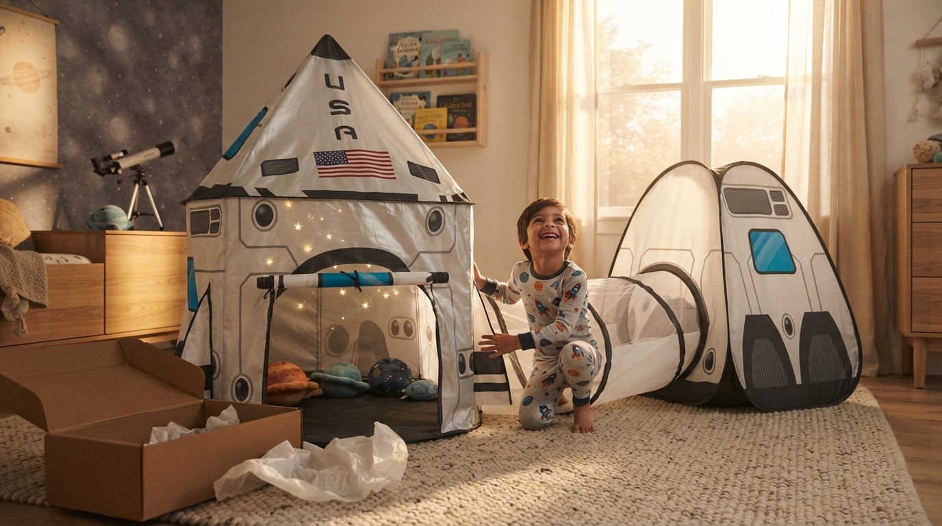 How do I build a space themed playhouse with Rocket Ship Tent?