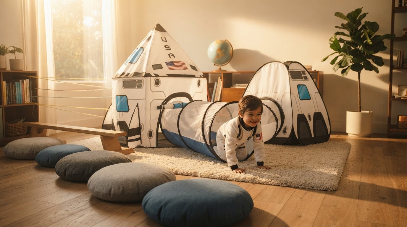 How to Set Up an Indoor Obstacle Course with a Rocket Ship Tent and Tunnel