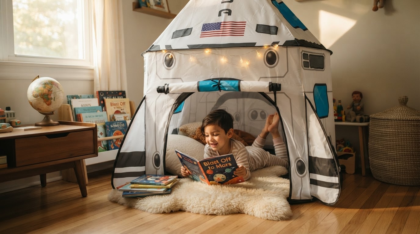 Establishing a Rocket Ship Tent Reading Nook